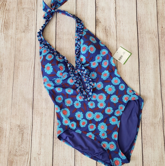 kate spade Swim Kate Spade One Piece Ruffle Plunge Halter Swimsuit Poshmark